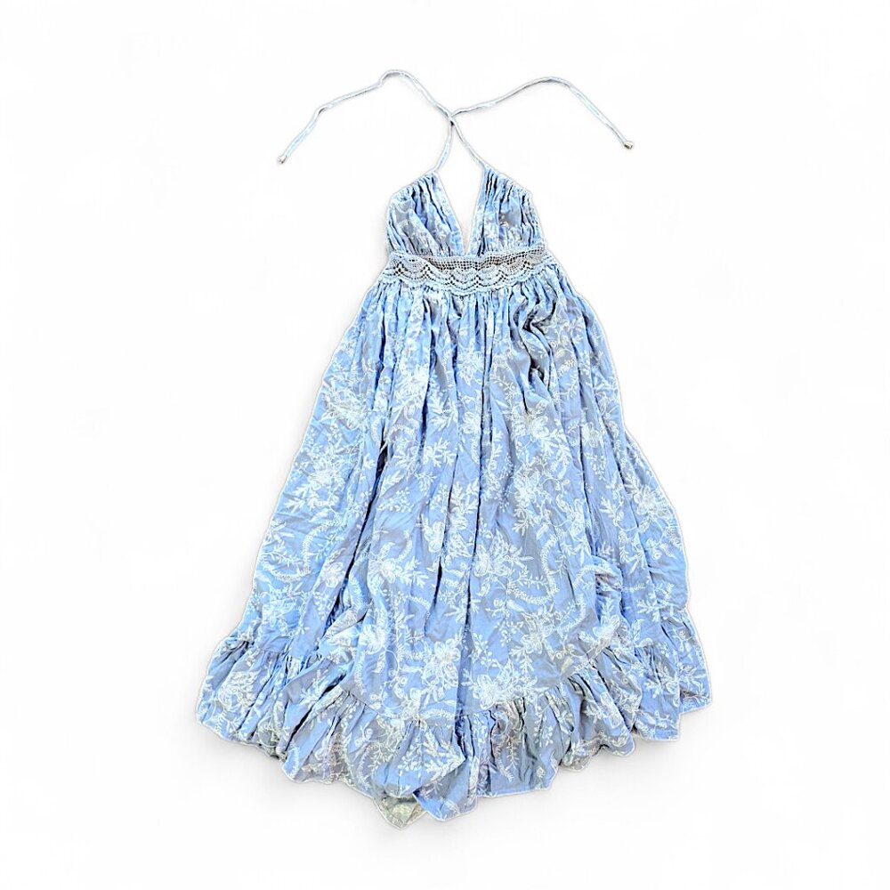 Size XS JAASE Maxi Dress Sleeveless Ruffle Hem Halter Boho Crochet  Floral Blue